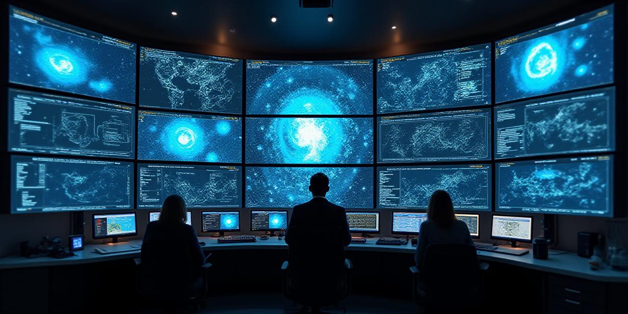 Professional meteorological forecasting station with high-resolution monitors and data charts